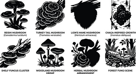 Medicinal mushroom silhouette vector collection featuring reishi turkey tail lions mane and chaga for wellness and packaging design © Miss