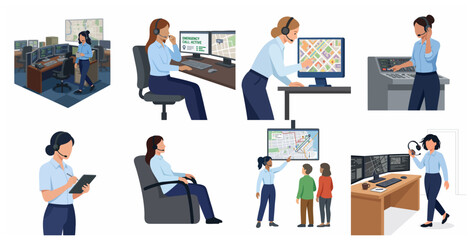Fototapeta premium Set of Female Emergency Dispatchers and Call Center Operators Working in Control Room Vector Illustrations