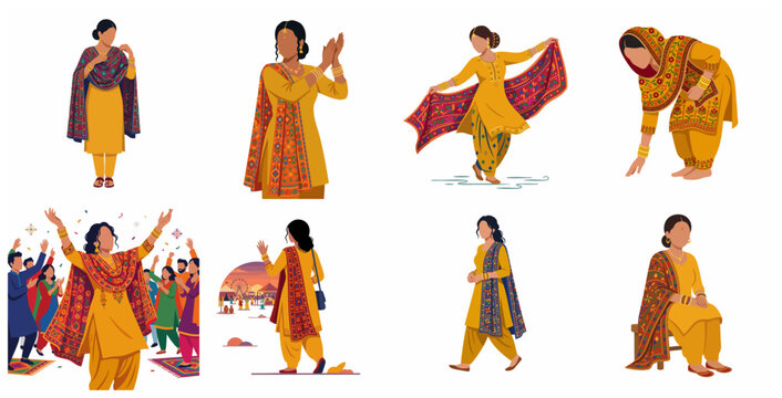 Collection of Indian women in traditional Punjabi Salwar Kameez and Phulkari dupatta illustrations