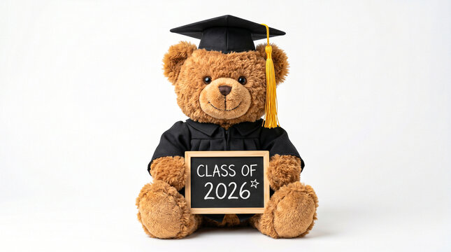 Graduation teddy bear wearing black cap and gown, Class of 2026 announcement sign, cute plush toy graduate on white background