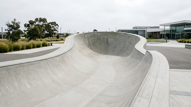 Modern concrete skatepark ramp with smooth curves, designed for extreme sports and urban recreation.
