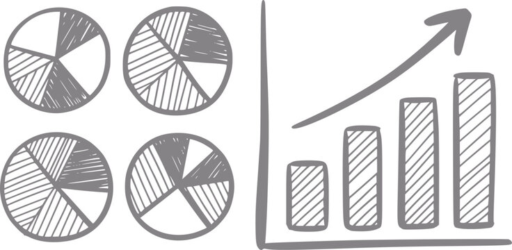 Hand-drawn pie charts and bar graph with upward trend arrow