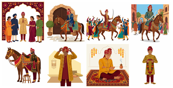 Indian wedding traditions collection featuring groom on horse, Baraat procession, and cultural ceremonies in flat vector illustration style.