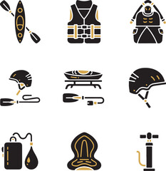 Fototapeta premium Water sports equipment flat icons set including kayak life vest and helmet on white background