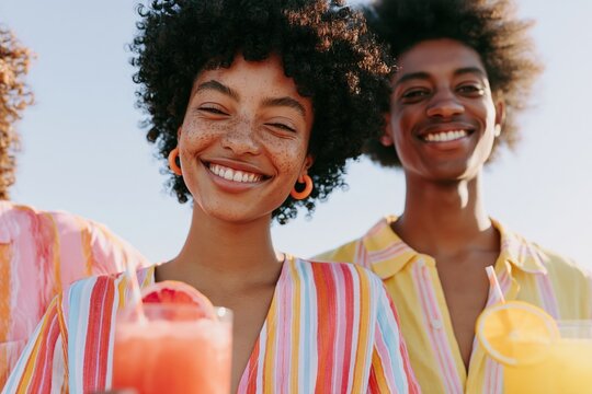 Group of young adults with curly hair holding colorful drinks, smiling at a sunny outdoor poolside setting, wearing vibrant striped shirts, enjoying a summer day