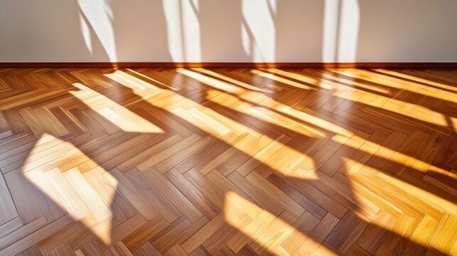 Golden sunlight streaks across a herringbone parquet floor, casting sharp diagonal shadows on a clean white wall, highlighting natural light and wood patterns. Parquet, Sunlight