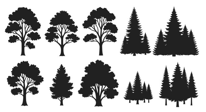 Black silhouettes of various trees on white background