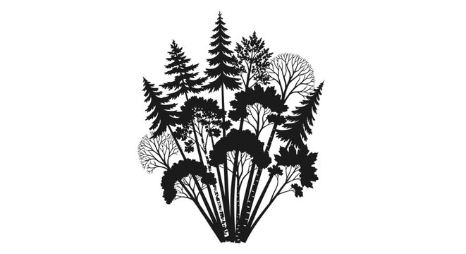 Black silhouette of various trees on white background