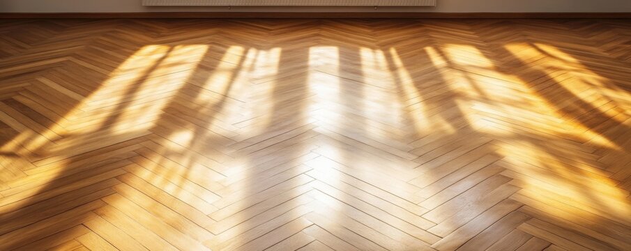 High-angle view of a herringbone parquet floor bathed in sunbeams and strong geometric shadows. Warm wooden texture, natural light play. Parquet, Shadows
