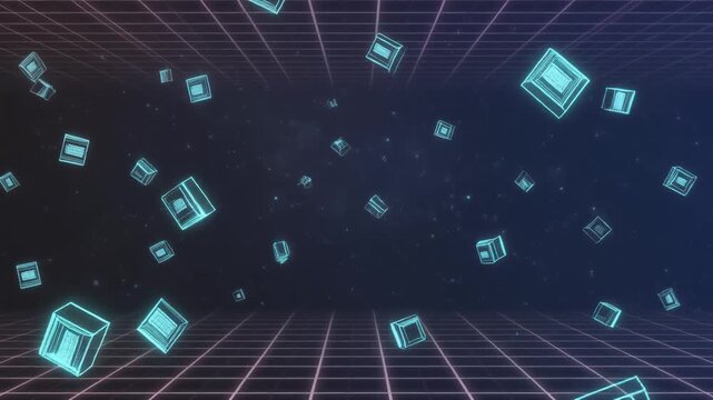 Glowing neon cubes floating through a digital synthwave grid background in this abstract motion video clip