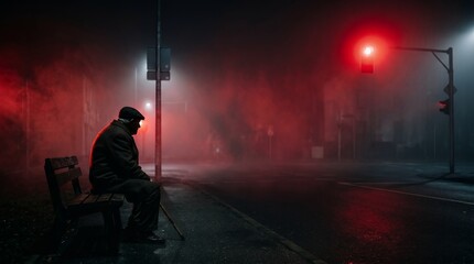 Fototapeta premium Lonely individual waiting on foggy city street at night.