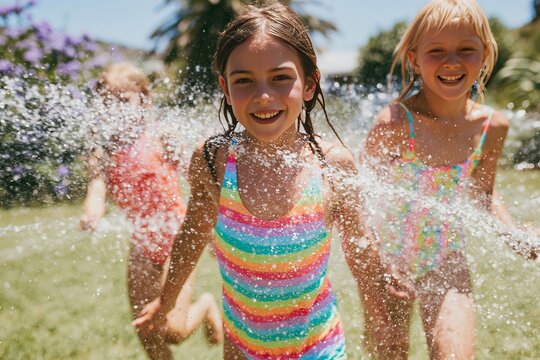 Children running through a garden sprinkler, wearing colorful swimsuits, with water splashing around them in a sunny outdoor setting filled with greenery