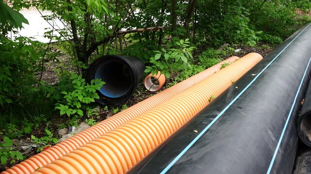 Drainage and utility pipes at construction site used for stormwater and underground infrastructure installation works