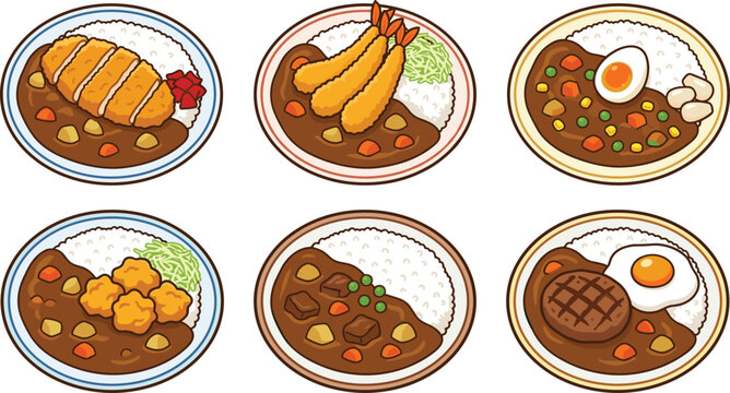 Japanese curry rice vector cartoon icon collection set featuring delicious variations with tonkatsu fried shrimp ebi fry karaage chicken boiled egg and hamburg steak isolated on white background
