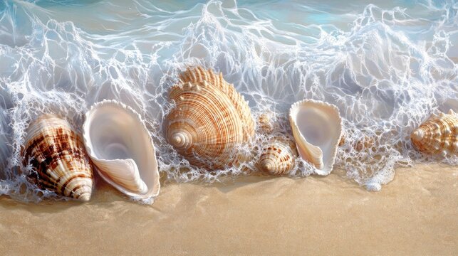 Seashells on a sandy beach, gently lapped by foamy waves