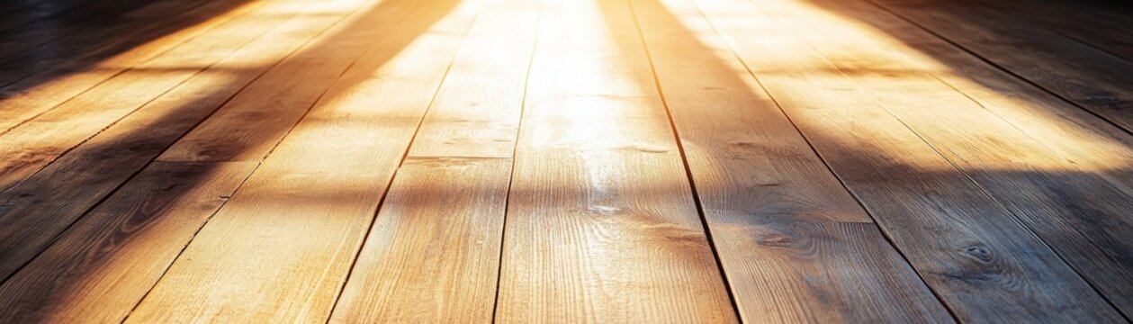 Low-angle perspective on warm wooden floor planks, bathed in natural sunlight, casting dramatic light streaks and shadows, emphasizing rich wood texture and inviting concept.