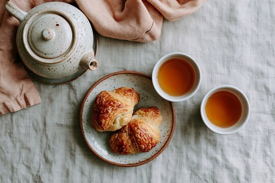 Overhead flat lay of a teapot, two cups of tea, and croissants on a textured linen tablecloth with a soft pink napkin, creating a cozy dining scene