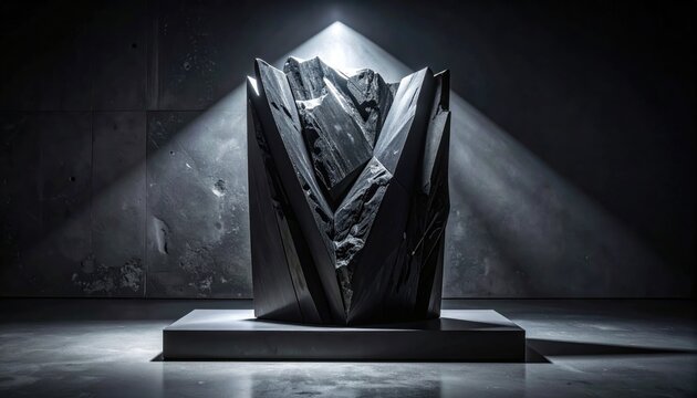 Dramatic geometric obsidian sculpture with sharp angular shards presented in dramatic lighting