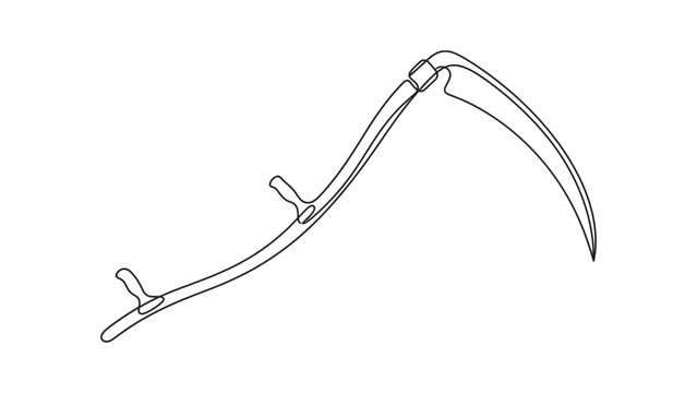 Black and white line art illustration of a traditional scythe farm tool.