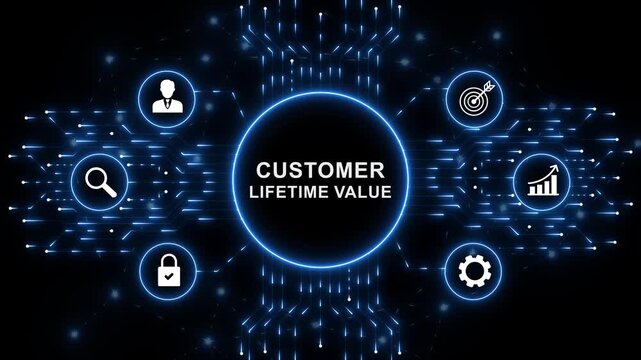 Digital Customer Lifetime Value interface for artificial intelligence business process automation data analysis autonomous orchestration and futuristic technology innovation concept. animation
