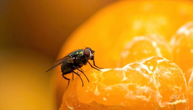 A Detailed Macro Photograph of a Green Fly Investigating a Ripe Orange Fruit