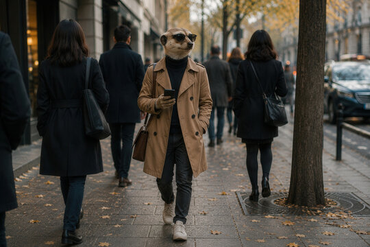 Man wears panda mask, walks urban sidewalk
