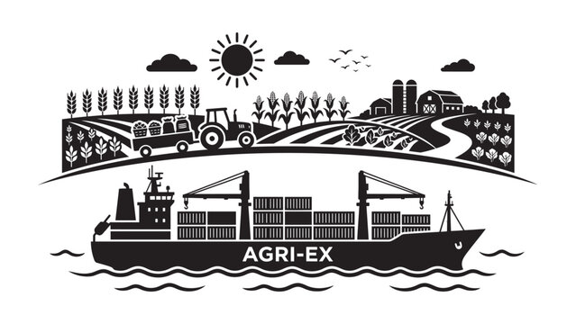Black and white illustration of agricultural export ship with farm landscape.