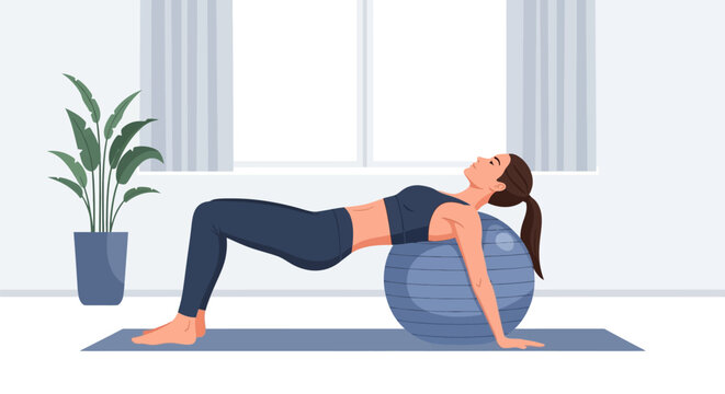 Vector illustration of a woman in blue athletic wear performing a core stability exercise on a blue fitness ball and yoga mat in a minimalist indoor room with a plant and window.