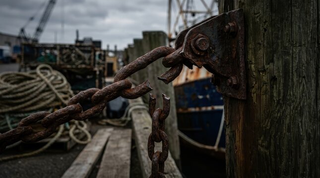 A Rusted Broken Chain Hanging From a Weathered Dock Post With Ships In The Background
