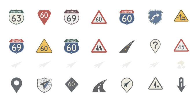 Vintage Black United States Highway Route Badges and Road Warning Signs for American Road Trip Identity Graphics and Garage Apparel Prints