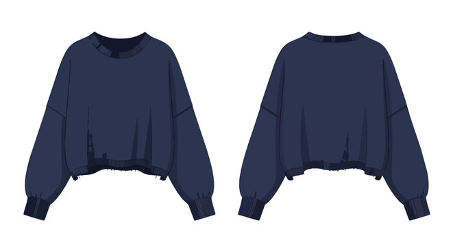 Premium Navy Blue Long Sleeve Cropped Sweatshirt Fashion Technical Flat Sketch Template Front and Back View Layout