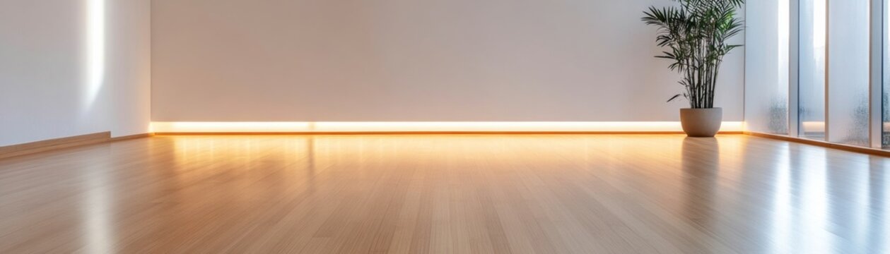 Minimalist room, warm ambient lighting from baseboard LED, natural light streaking on pale wall and glossy wood floor, with a slender plant by diffused windows. Serene, Modern , Zen
