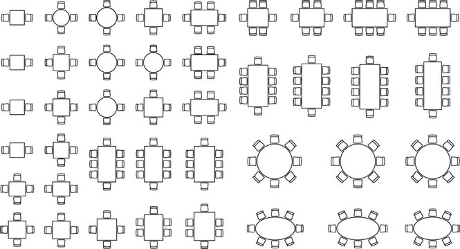 Top view CAD dining and meeting furniture block set with tables and chairs. Black and white vector seating layout symbols for restaurants, conference rooms, banquet halls, and floor plan design