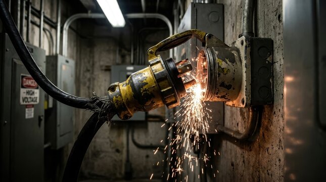 Industrial electrical connector sparking intensely while being plugged into an industrial socket