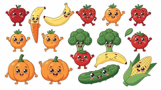 Cute Kawaii Style Fruit and Vegetable Cartoon Character Set for Healthy Eating Campaigns Children Nutrition Books and Playful Packaging Designs