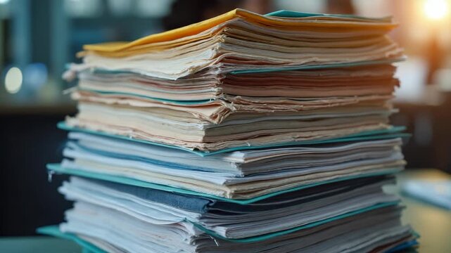 Large stack of colorful folders filled with documents on a desk in a busy office environment. Represents paperwork, organization, and administrative work in a professional setting.