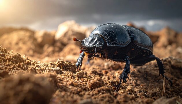 Black Dung Beetle Navigating Rocky Terrain with Intense Detail in Macro Photography