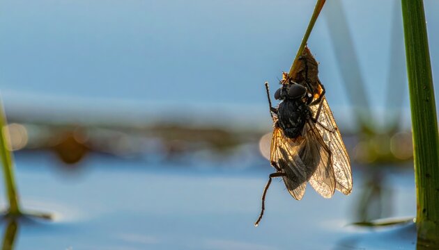 A Caddisfly Adult Emerges From Its Pupal Case Near Water, Delicate Wings Drying