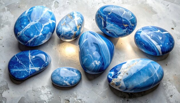 Collection of Smooth Tumbled Sodalite Stones with Deep Blue Hues and White Calcite Veining