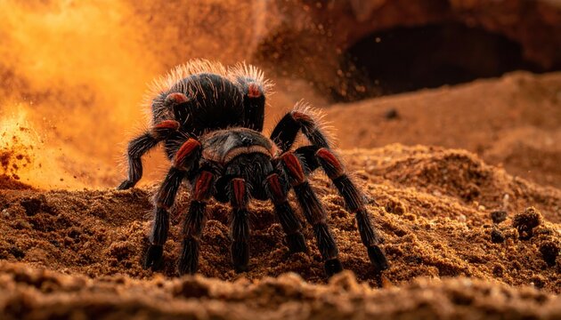 Mexican Redknee Tarantula Emerges From Sandy Burrow