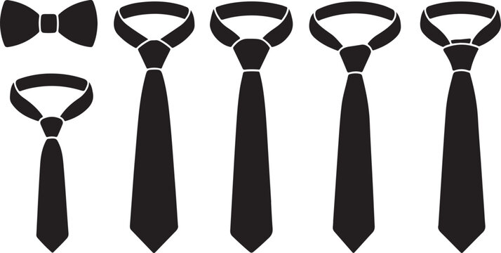 Black necktie icons, formal bow tie set, 6 business suit accessories isolated on Transparent Background