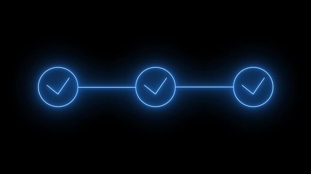 Glowing neon blue mufti-step process time line progress bar icon animation. Ideal for work flow, business steps 4k animation.