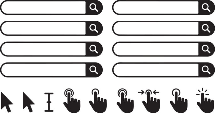 Minimalist search bar vector set, web browser interface elements isolated on Transparent Background
