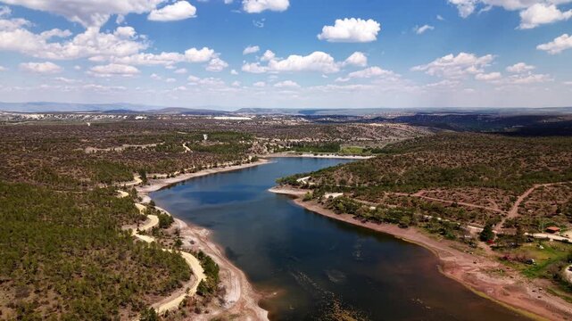 4K aerial half orbit drone shot of scenic lake and green pine forest landscape