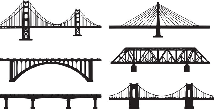 Bridge silhouette icons, 6 vector bridge types, infrastructure set isolated on Transparent Background