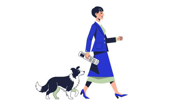 Elegant woman walking her border collie on a leash.