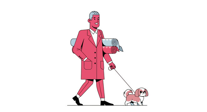 Elderly man in red coat walking a pink dog.