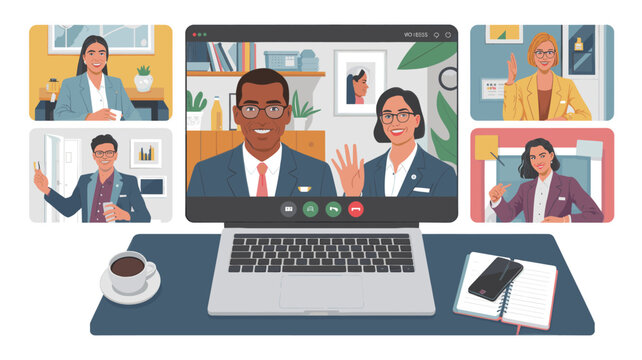 Diverse Business Professionals on Laptop Video Conference Call Illustration