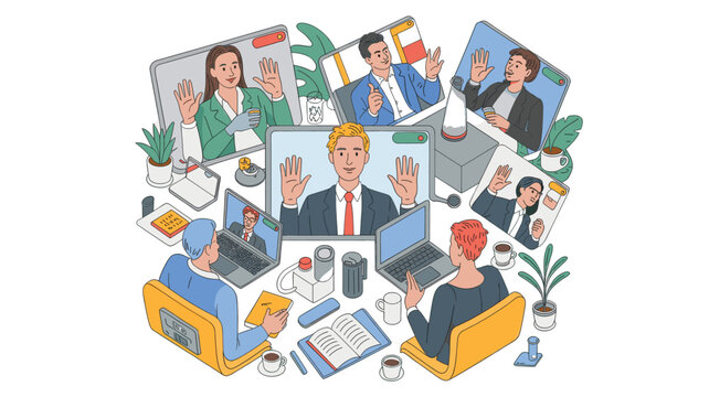 Isometric Group Video Conference Call Illustration