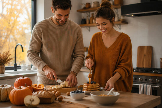Cozy kitchen scene with warm autumn tones
